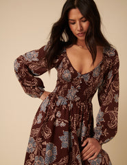 Brown Paisley Print Long Sleeve Amaya Midi Dress