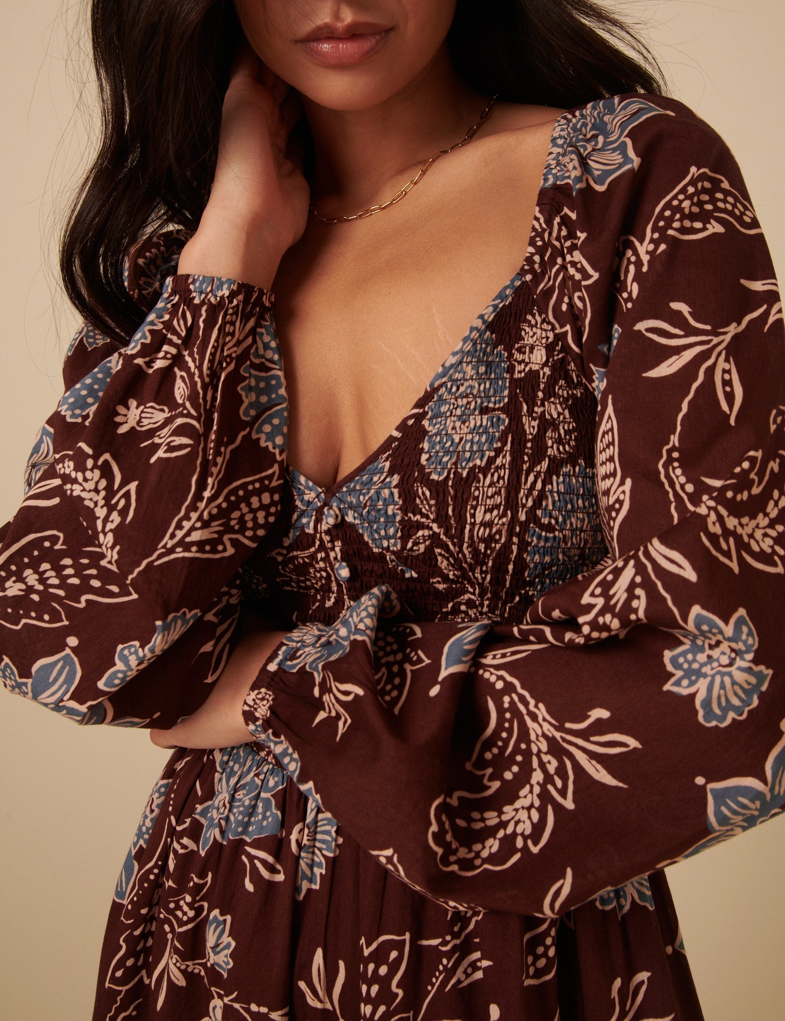 Brown Paisley Print Long Sleeve Amaya Midi Dress