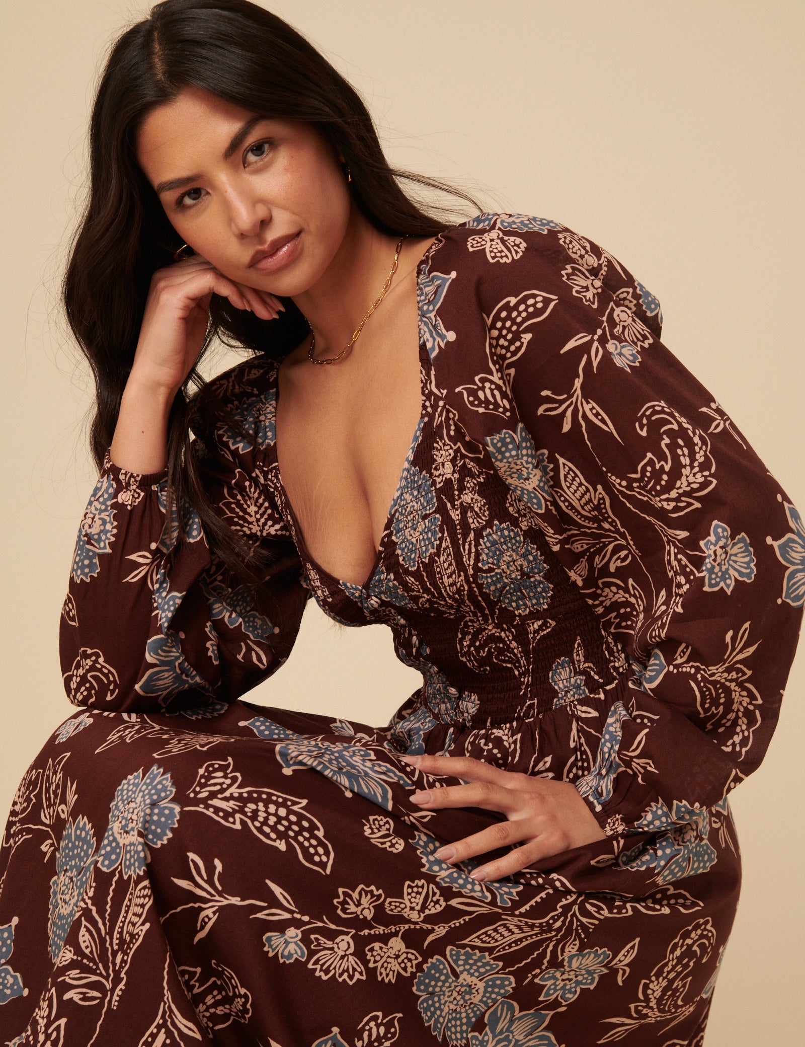 Brown Paisley Print Long Sleeve Amaya Midi Dress