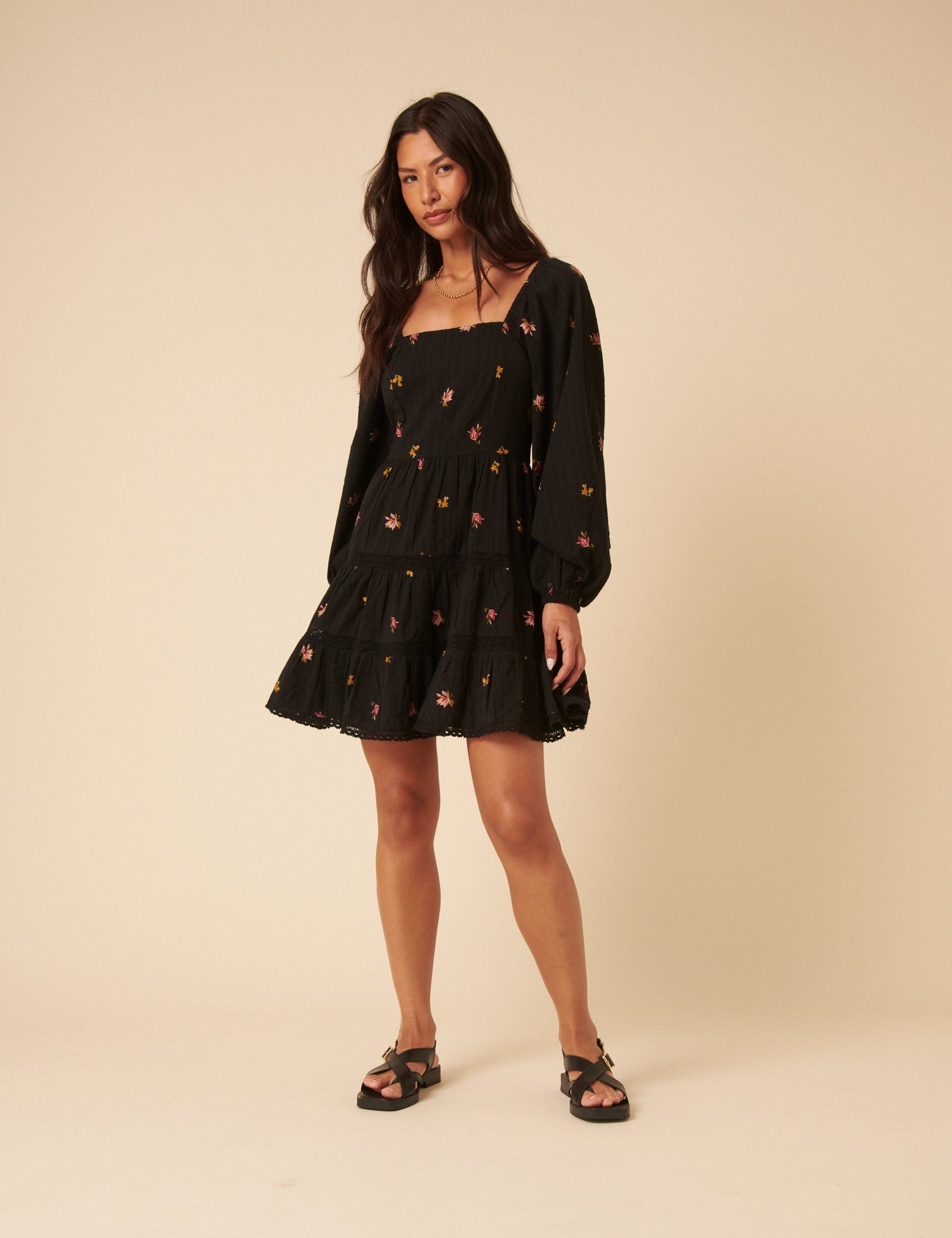 Black Floral Tiered Whitley Mini Dress