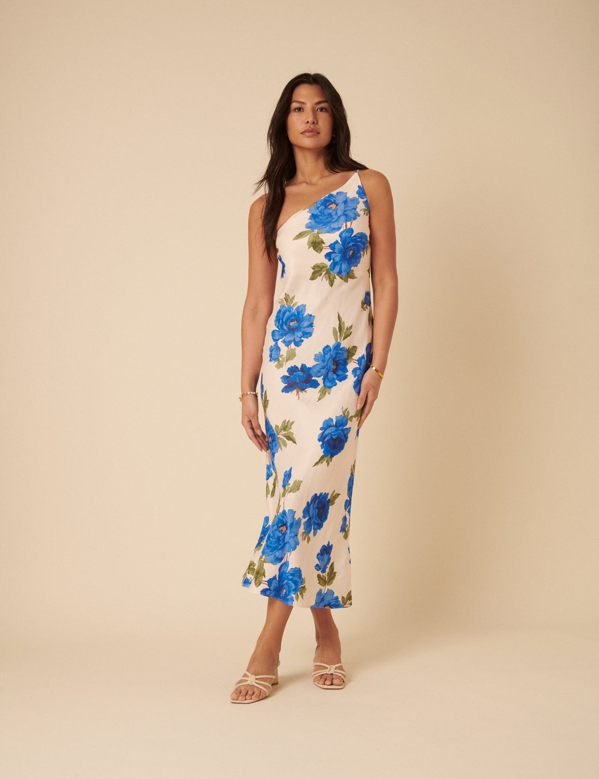 Cream One Shoulder Floral Ellis Midi Dress