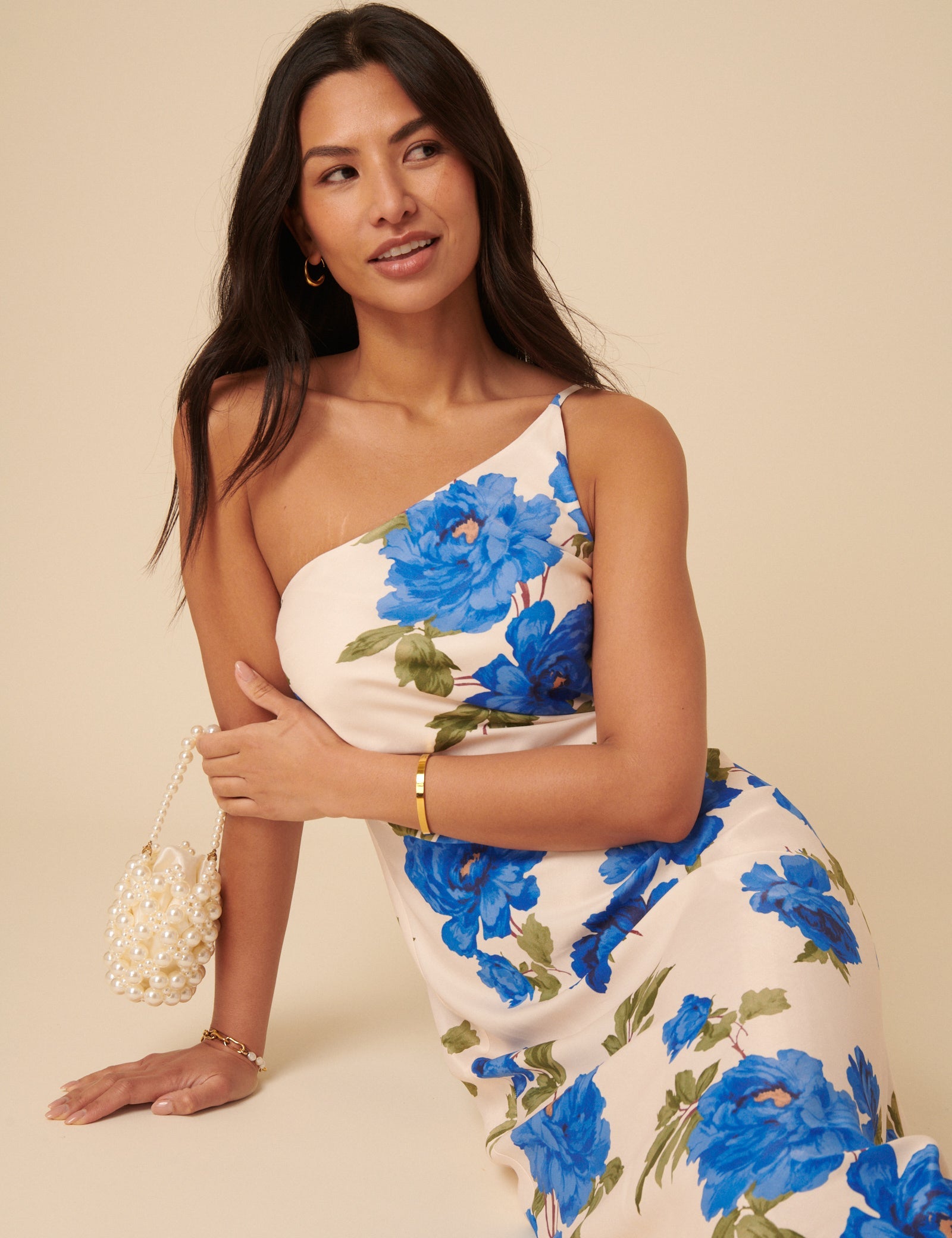 Cream One Shoulder Floral Ellis Midi Dress