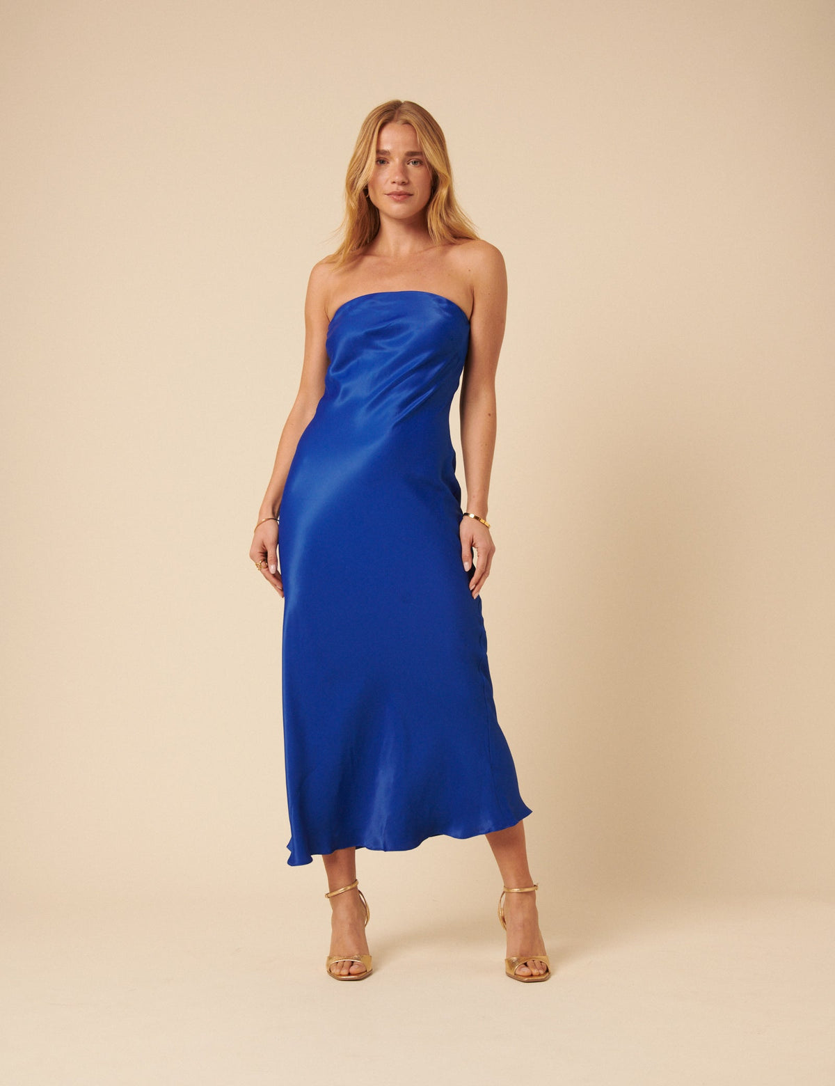 Blue Satin Bandeau Ellie Midi Dress