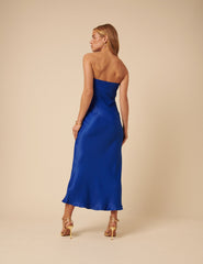 Blue Satin Bandeau Ellie Midi Dress