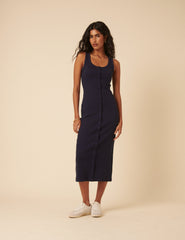 Navy Ribbed Scoop Neck Midi Dress
