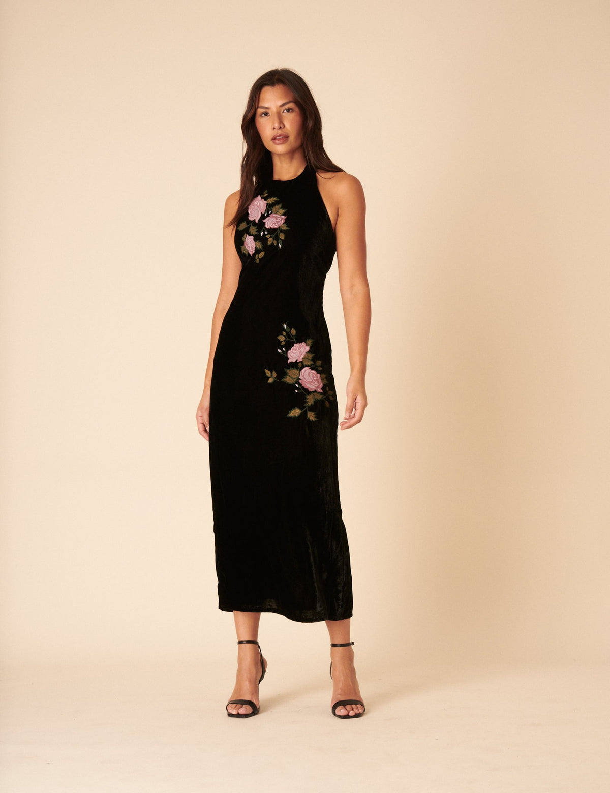 Black Velvet Floral Halter Neck Alexandra Midi Dress