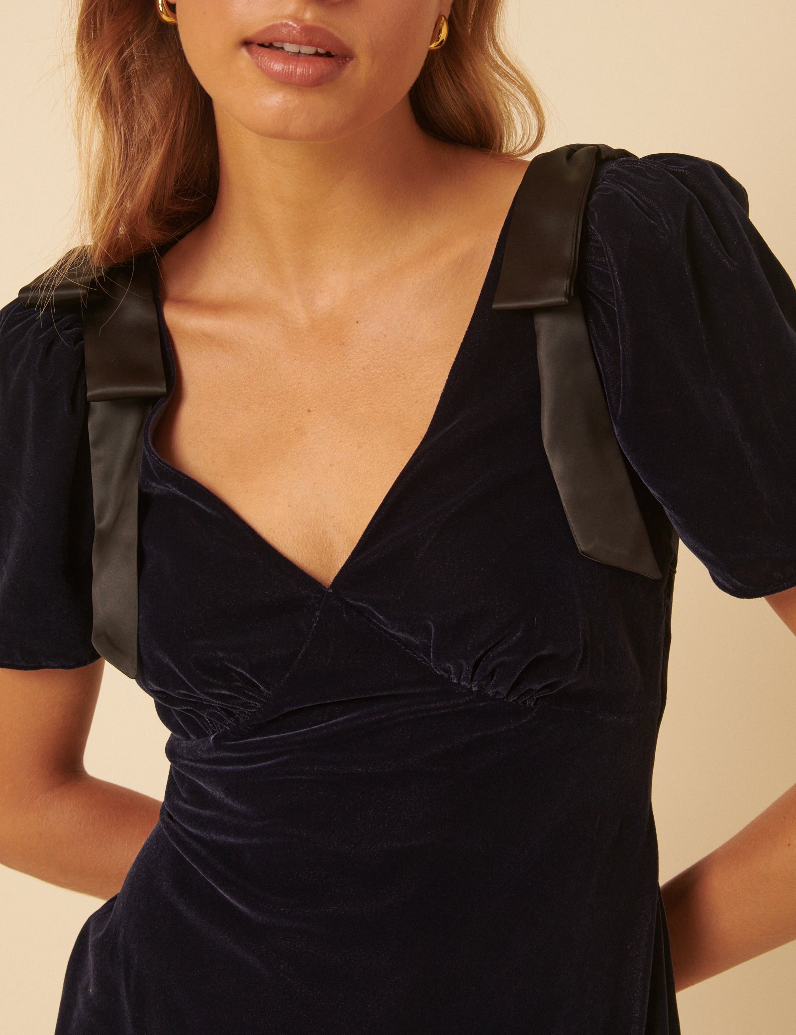 Navy Velvet Short Sleeve Bow Pisces Mini Dress