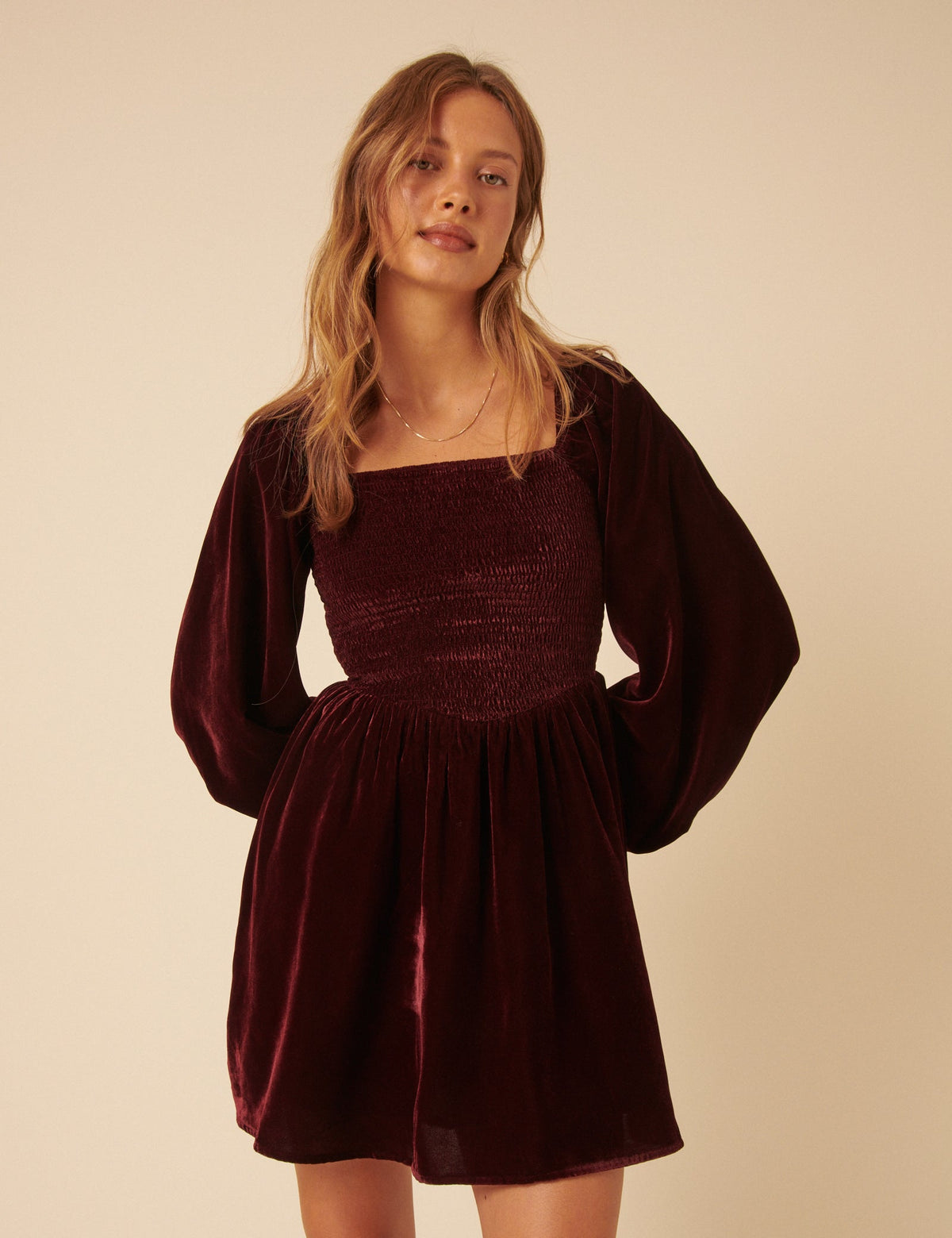 Burgundy Velvet Balloon Sleeve Jupiter Mini Dress