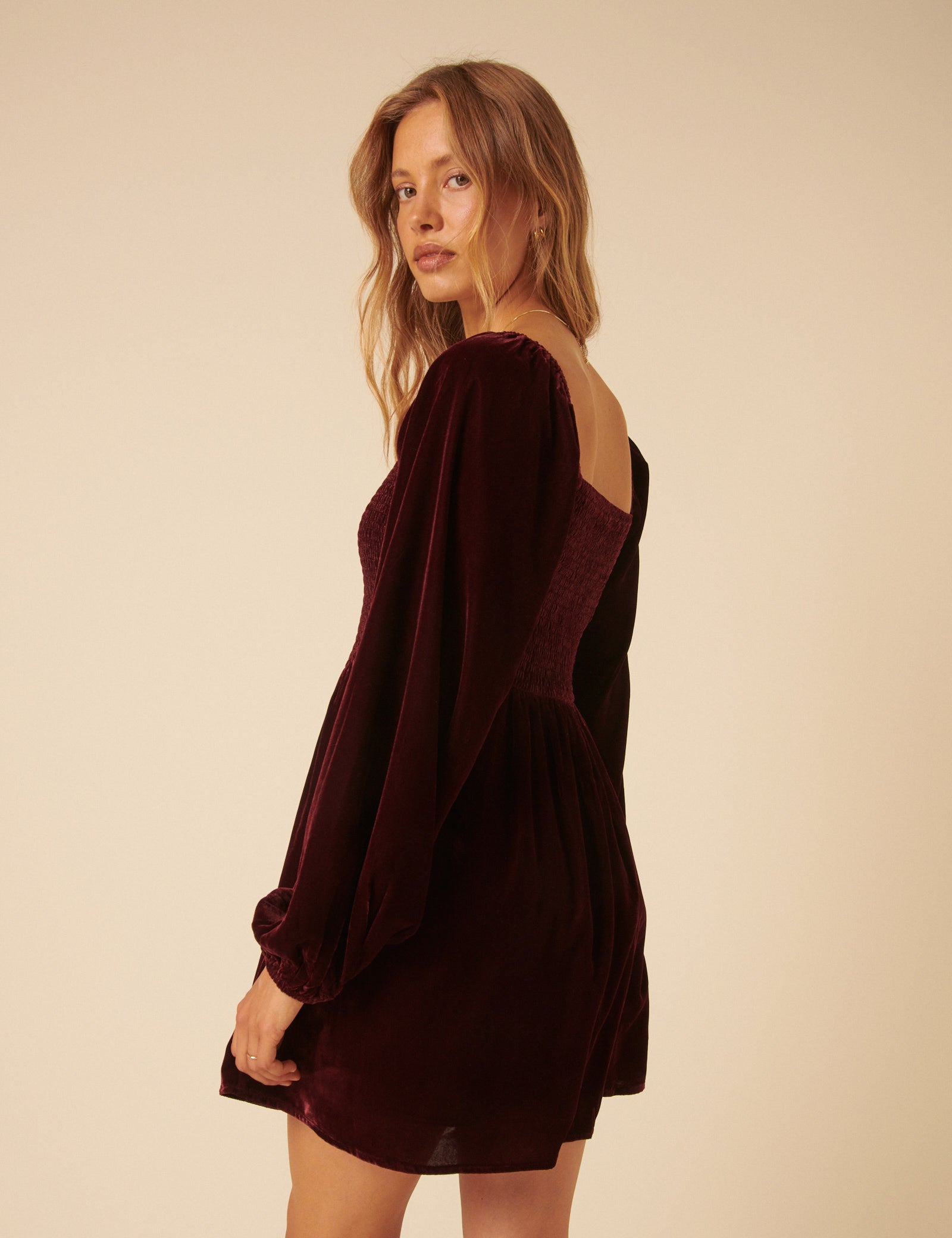 Burgundy Velvet Balloon Sleeve Jupiter Mini Dress