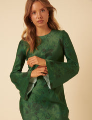 Green Floral Satin Clarissa Midi Dress