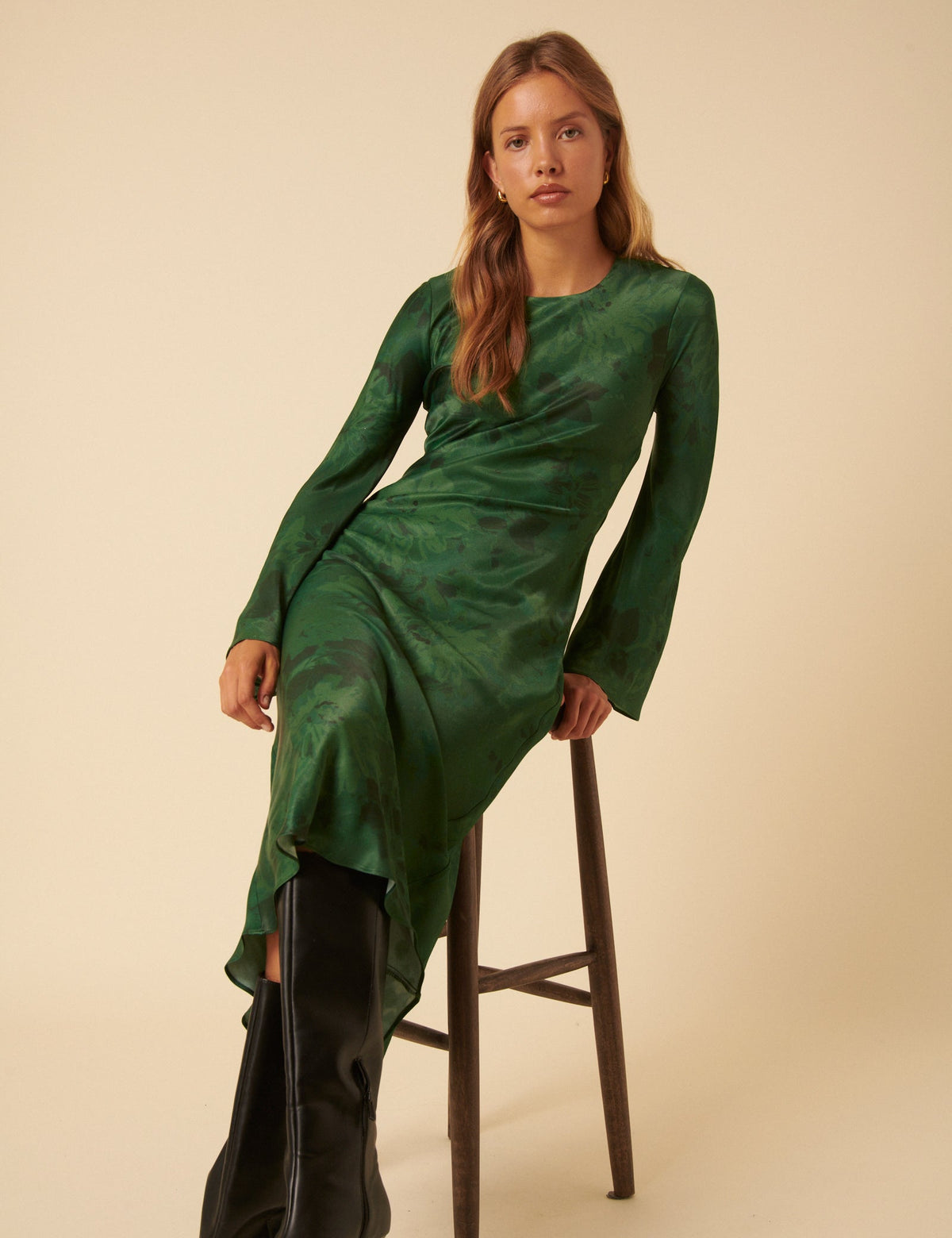 Green Floral Satin Clarissa Midi Dress
