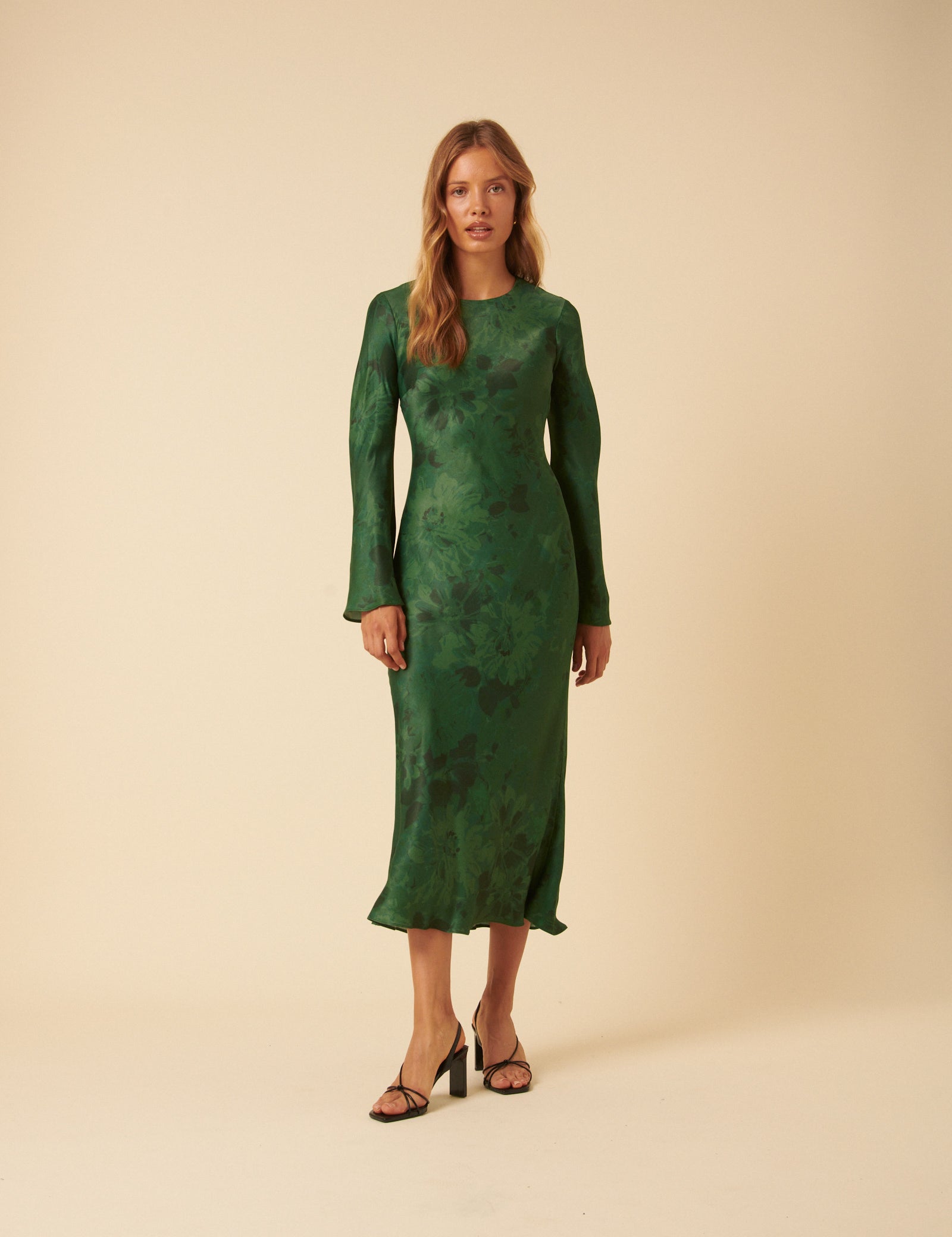 Green Floral Satin Clarissa Midi Dress