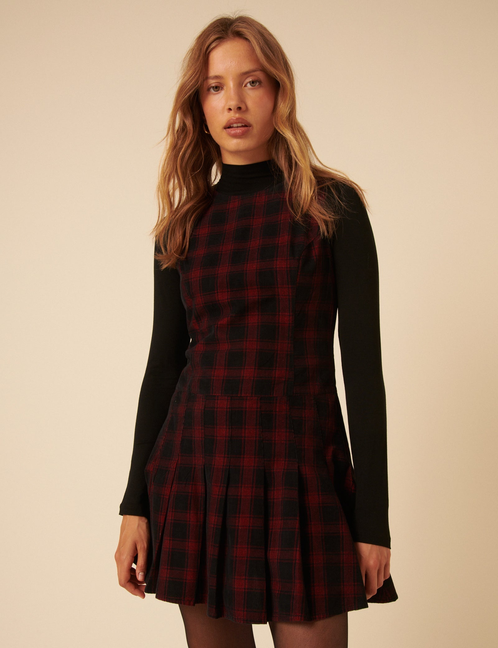 Red And Black Check Cord Merida Pinafore Mini Dress