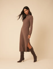 Dark Beige Cashmere Funnel Neck Midi Dress