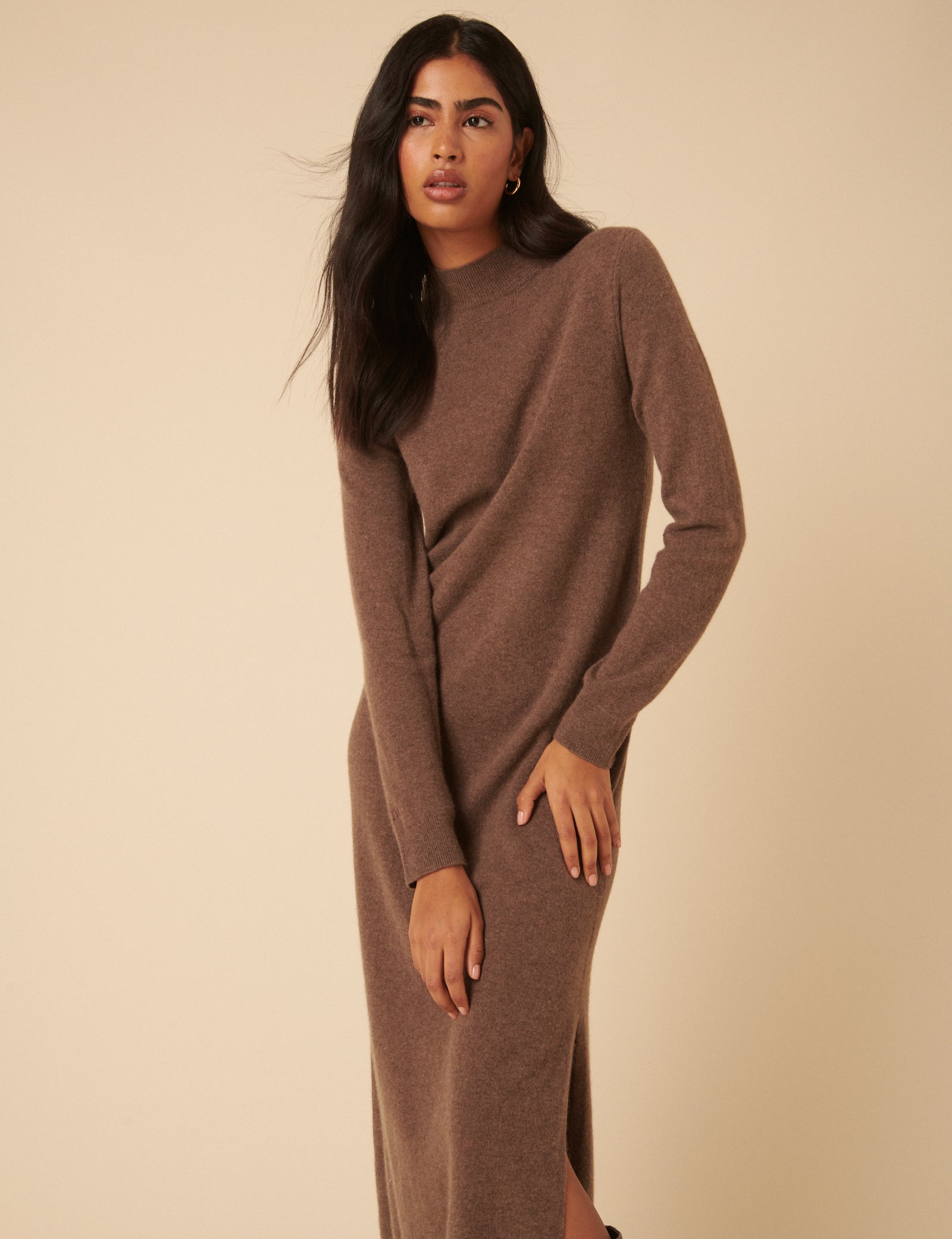 Dark Beige Cashmere Funnel Neck Midi Dress