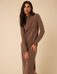 Dark Beige Cashmere Funnel Neck Midi Dress