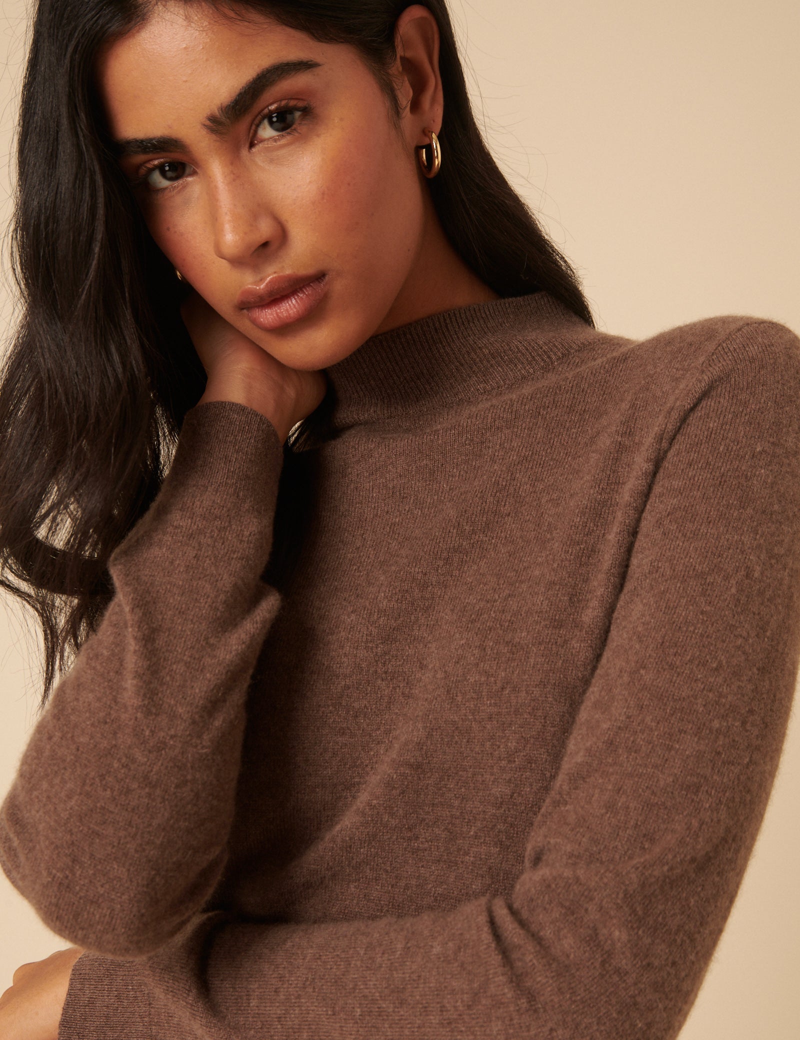 Dark Beige Cashmere Funnel Neck Midi Dress