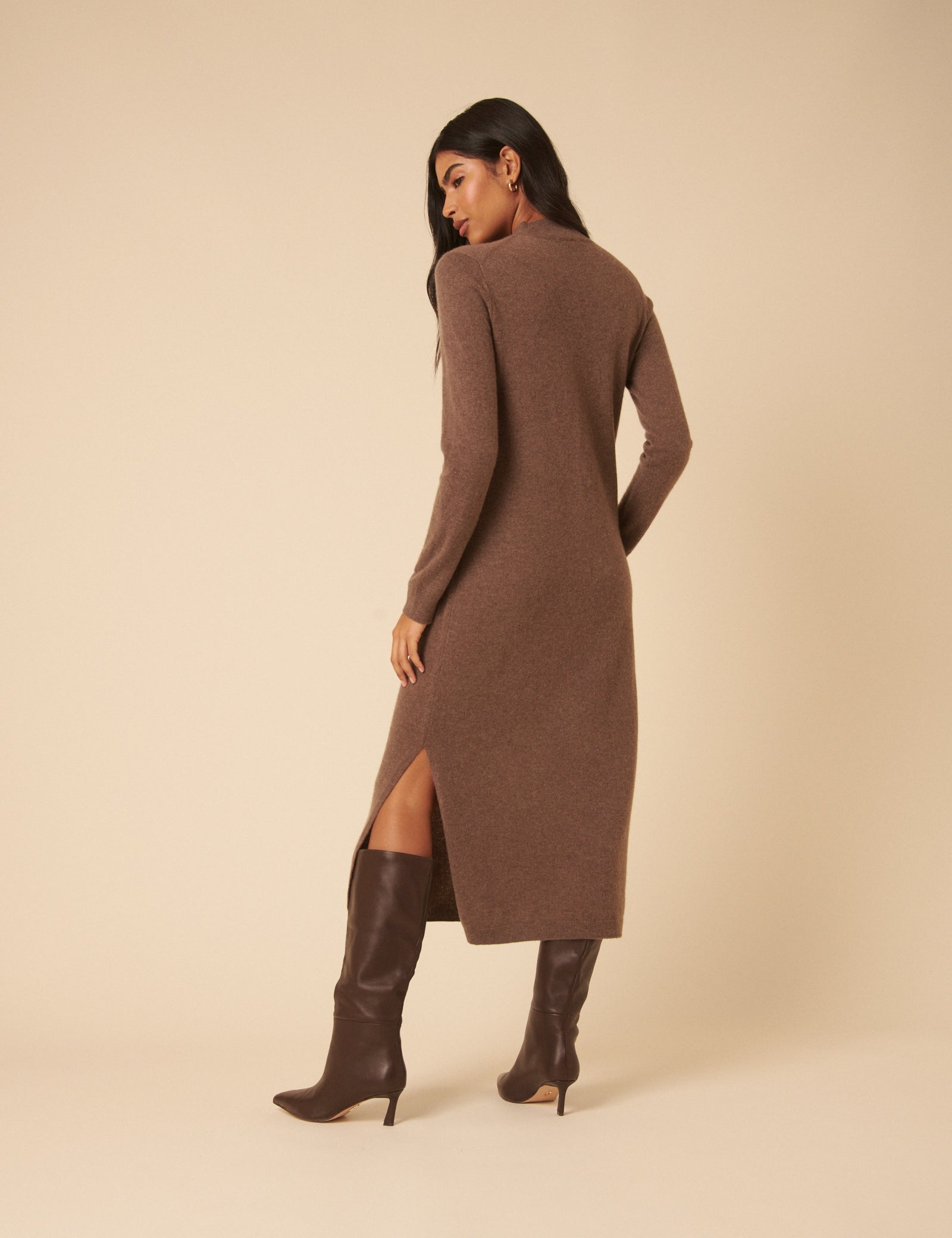 Dark Beige Cashmere Funnel Neck Midi Dress