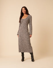 Grey And White Scoop Knitted Neck Midi Dress