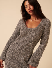 Grey And White Scoop Knitted Neck Midi Dress