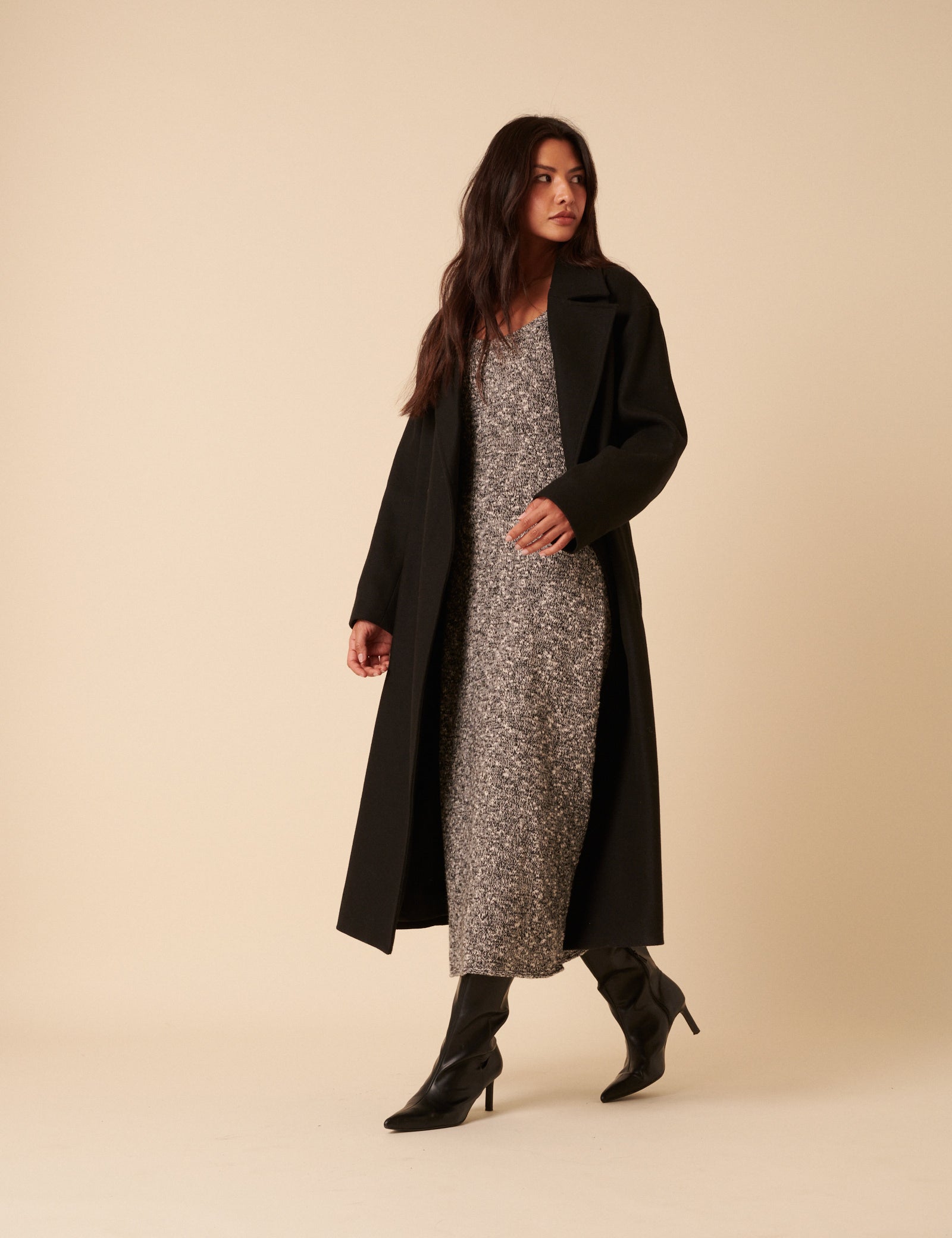 Grey And White Scoop Knitted Neck Midi Dress