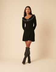 Black Collared Long Sleeve Knitted Mini Dress