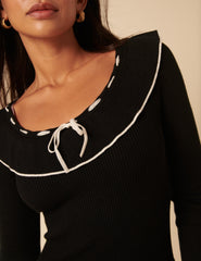 Black Collared Long Sleeve Knitted Mini Dress