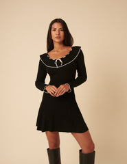 Black Collared Long Sleeve Knitted Mini Dress