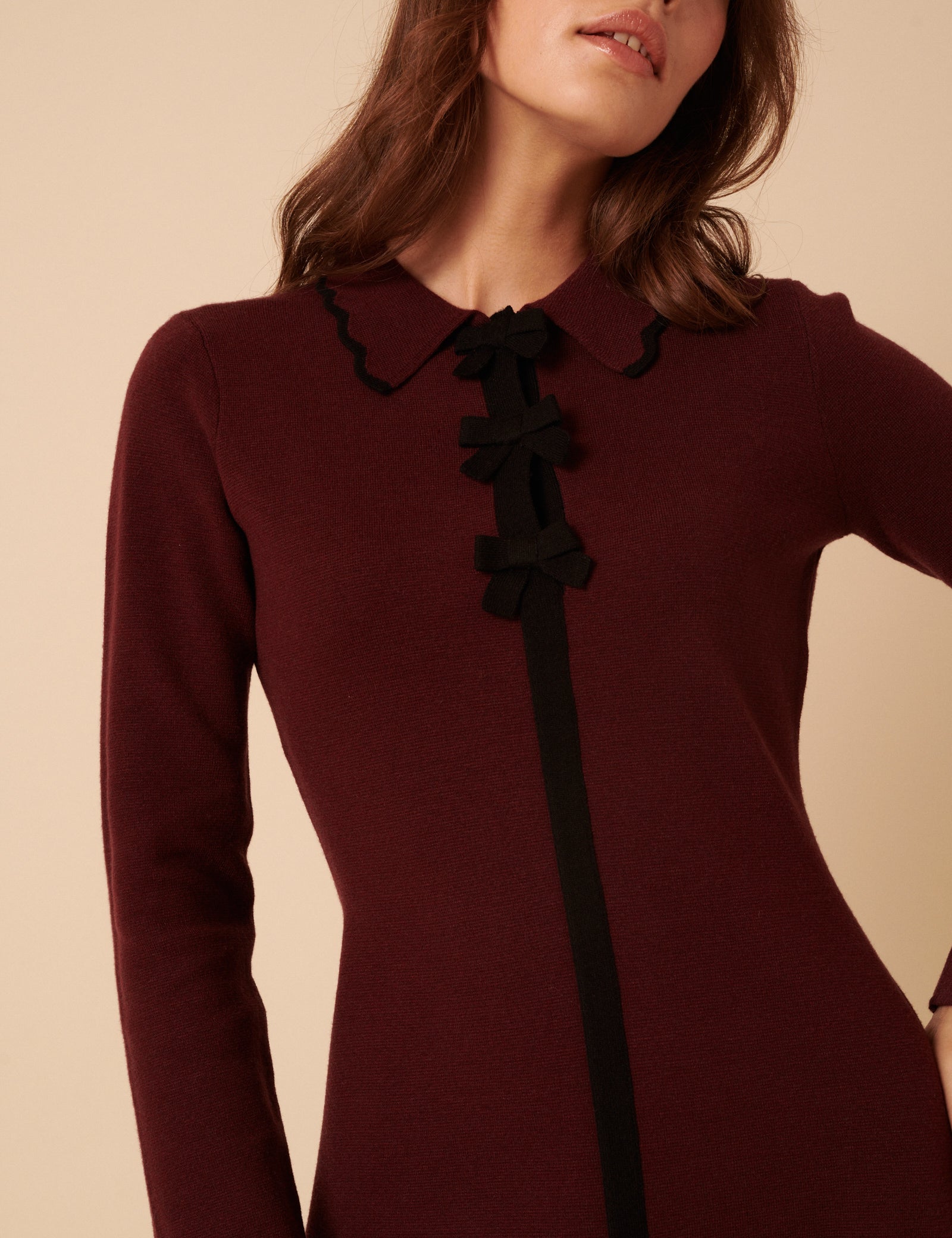 Petite Burgundy Bow Front Knitted Mini Dress