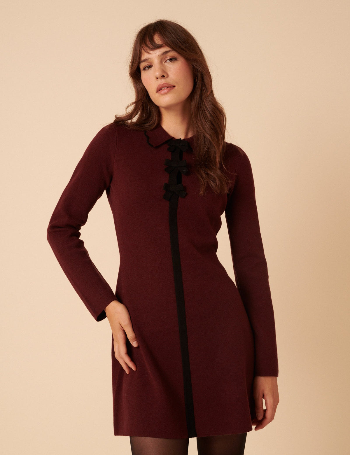 Petite Burgundy Bow Front Knitted Mini Dress