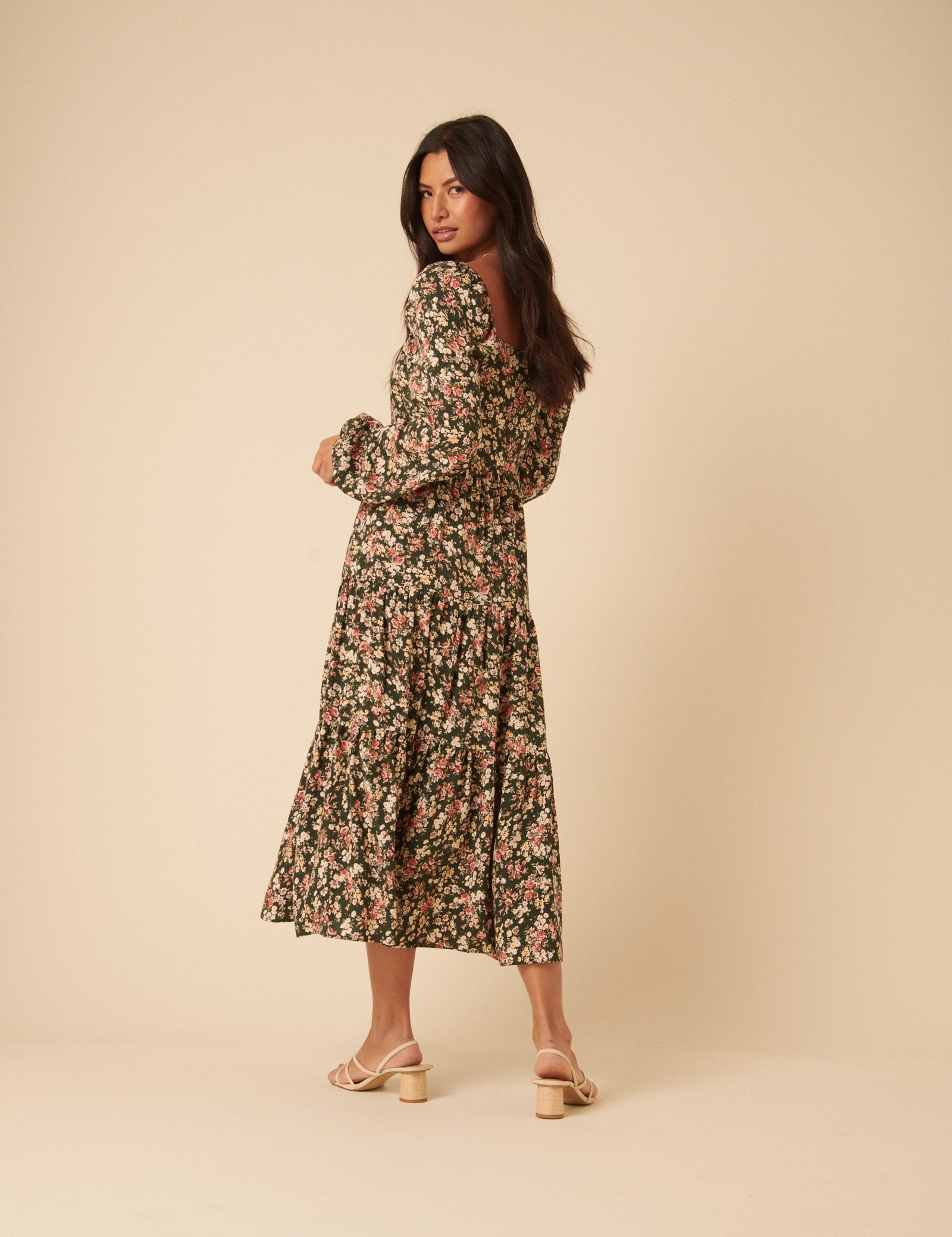 Black Floral Long Sleeve Maud Midi Dress