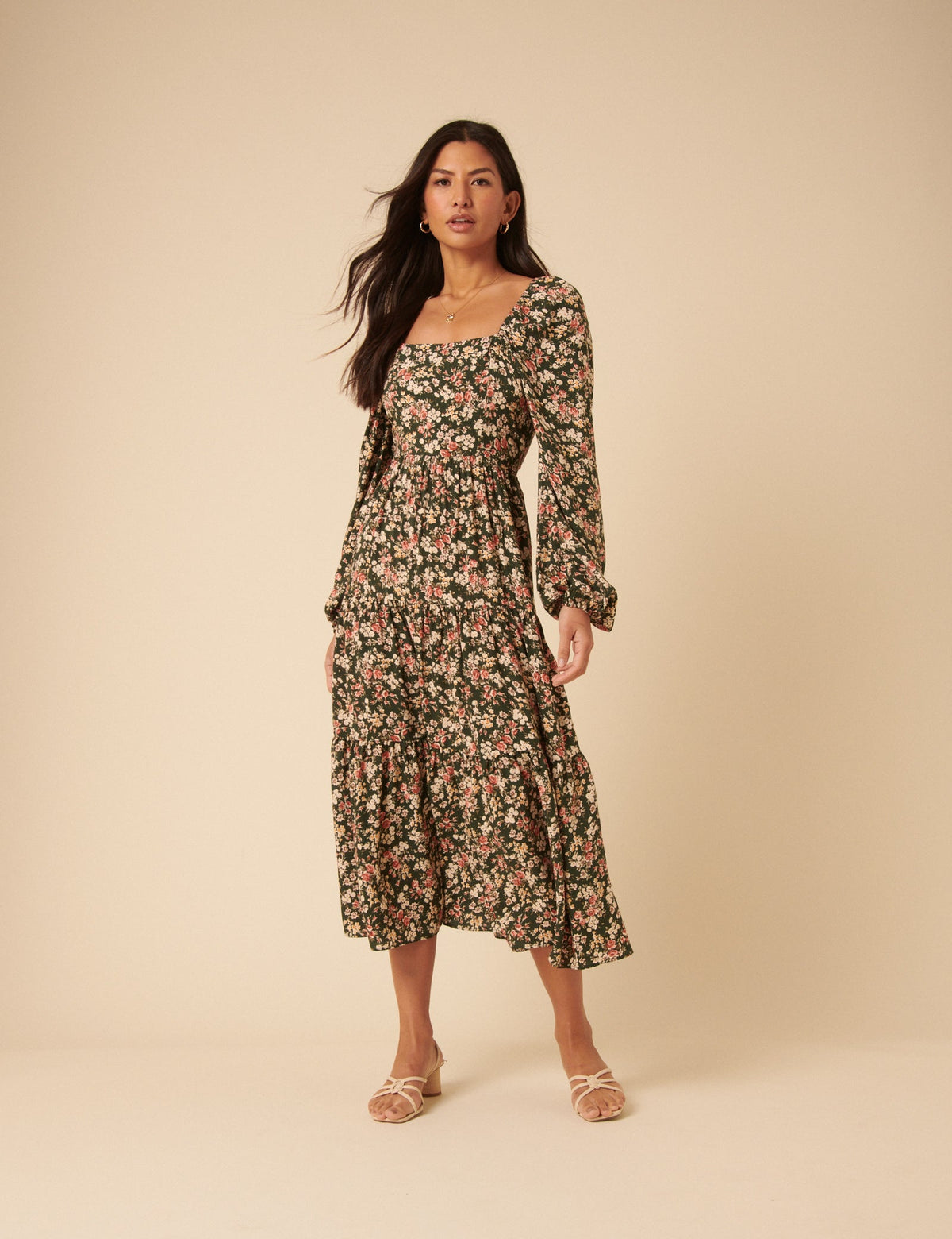 Black Floral Long Sleeve Maud Midi Dress