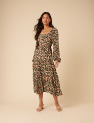 Black Floral Long Sleeve Maud Midi Dress