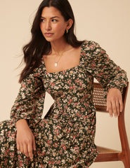 Black Floral Long Sleeve Maud Midi Dress