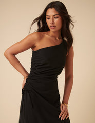 Black Striped One Shoulder Una Midi Dress