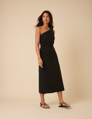 Black Striped One Shoulder Una Midi Dress