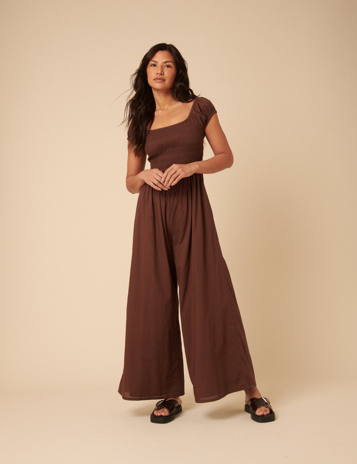 Brown Shirred Bodice Alaska Jumpsuit