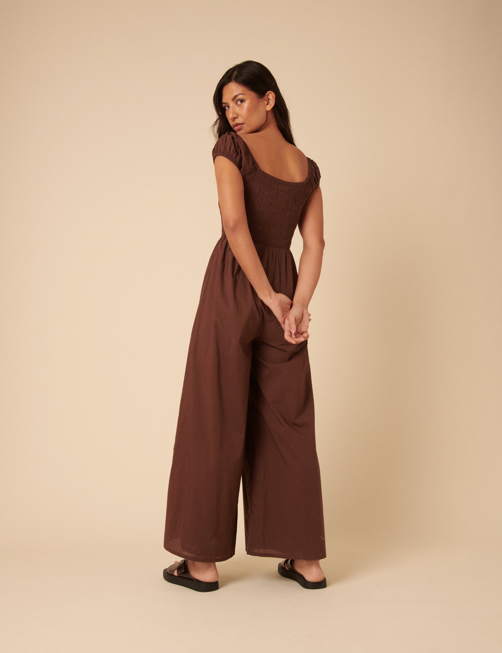 Brown Shirred Bodice Alaska Jumpsuit