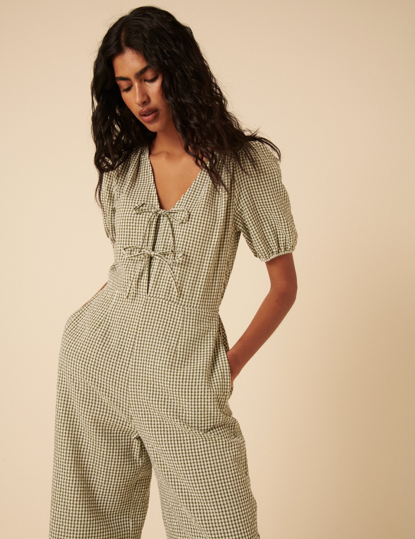 Green Gingham Tie Front Jumpsuit
