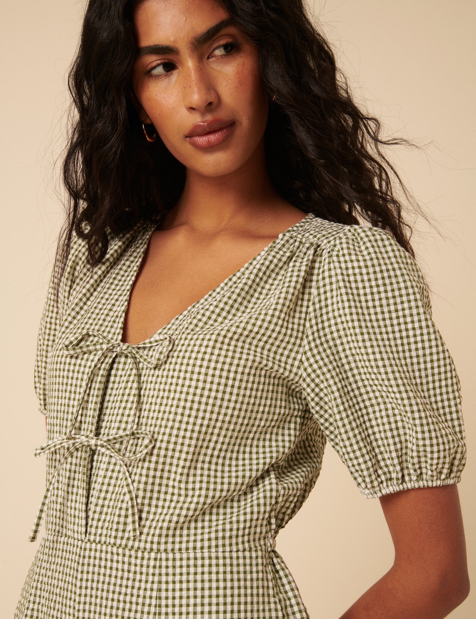 Green Gingham Tie Front Jumpsuit