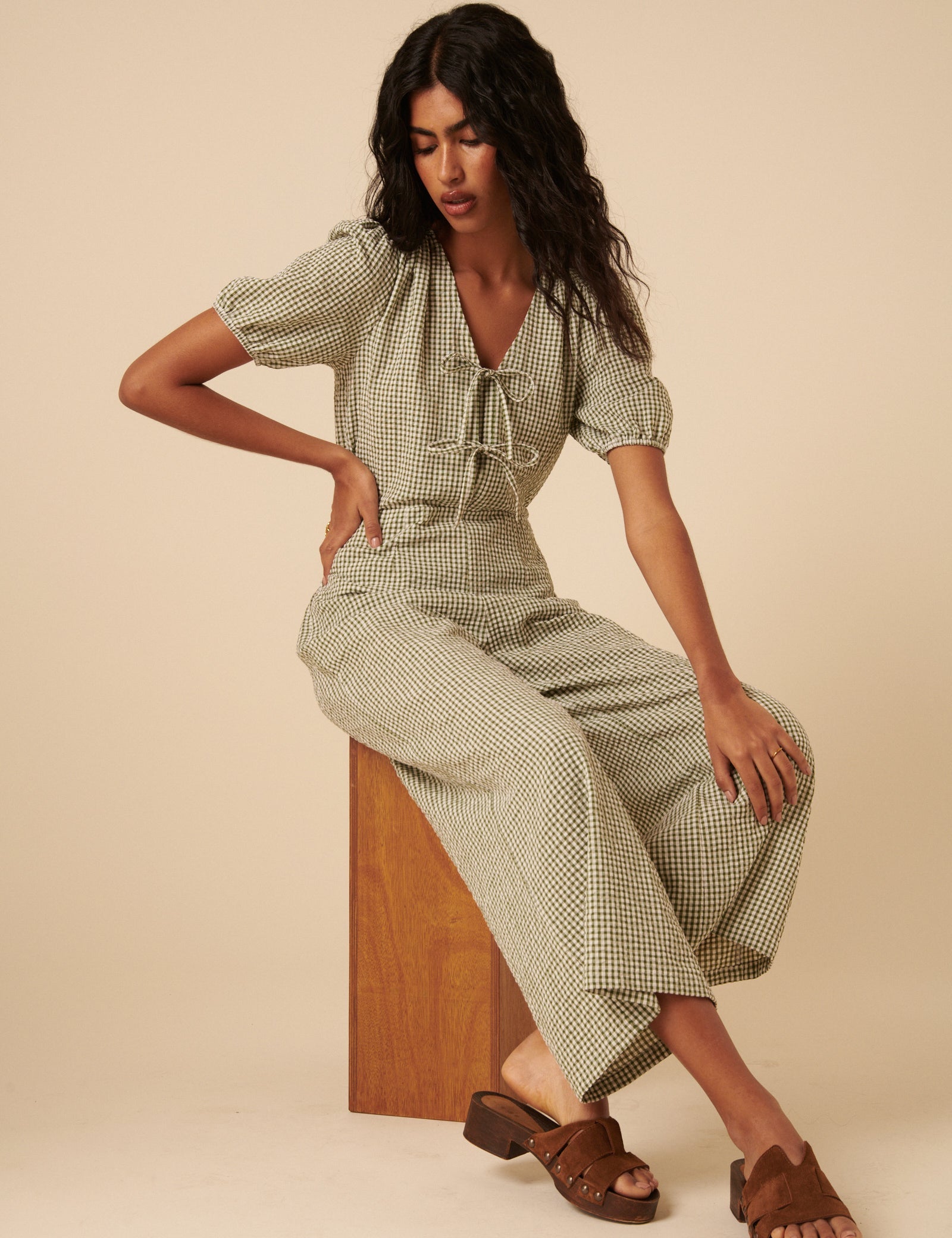 Green Gingham Tie Front Jumpsuit