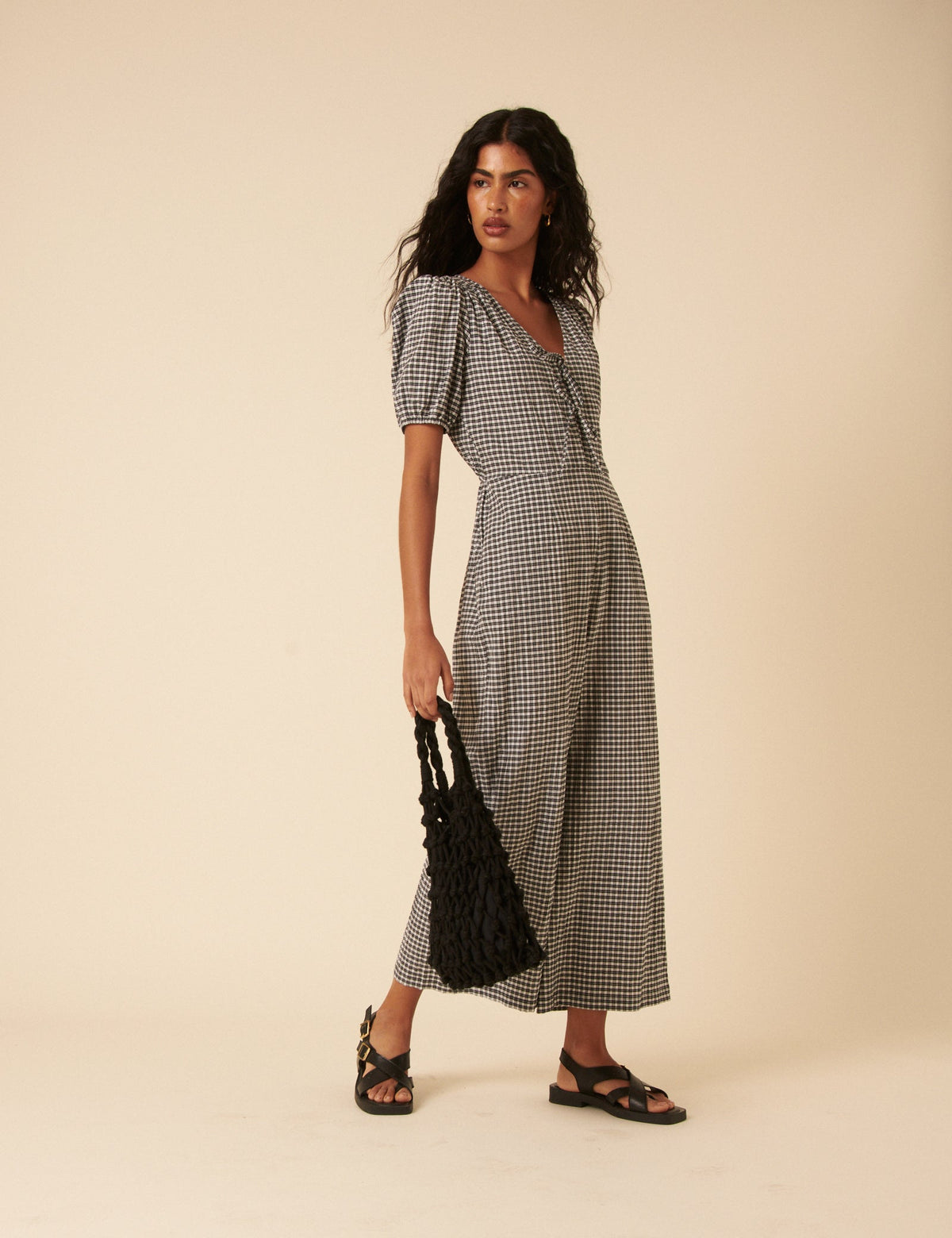 Black Gingham Tie Front Jumpsuit