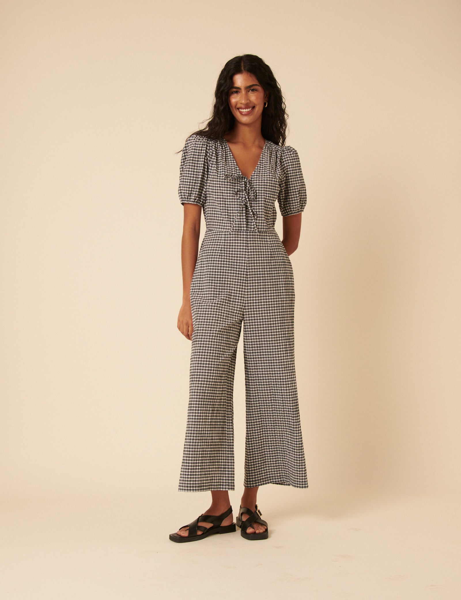 Black Gingham Tie Front Jumpsuit