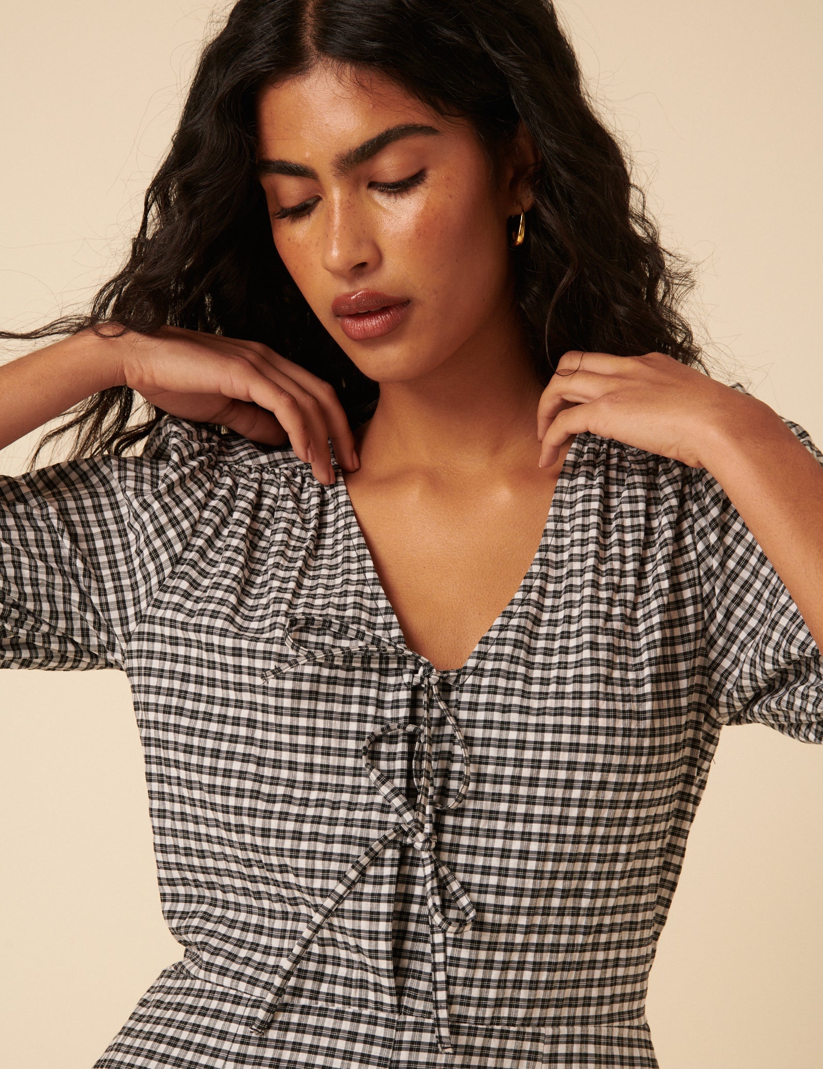 Black Gingham Tie Front Jumpsuit