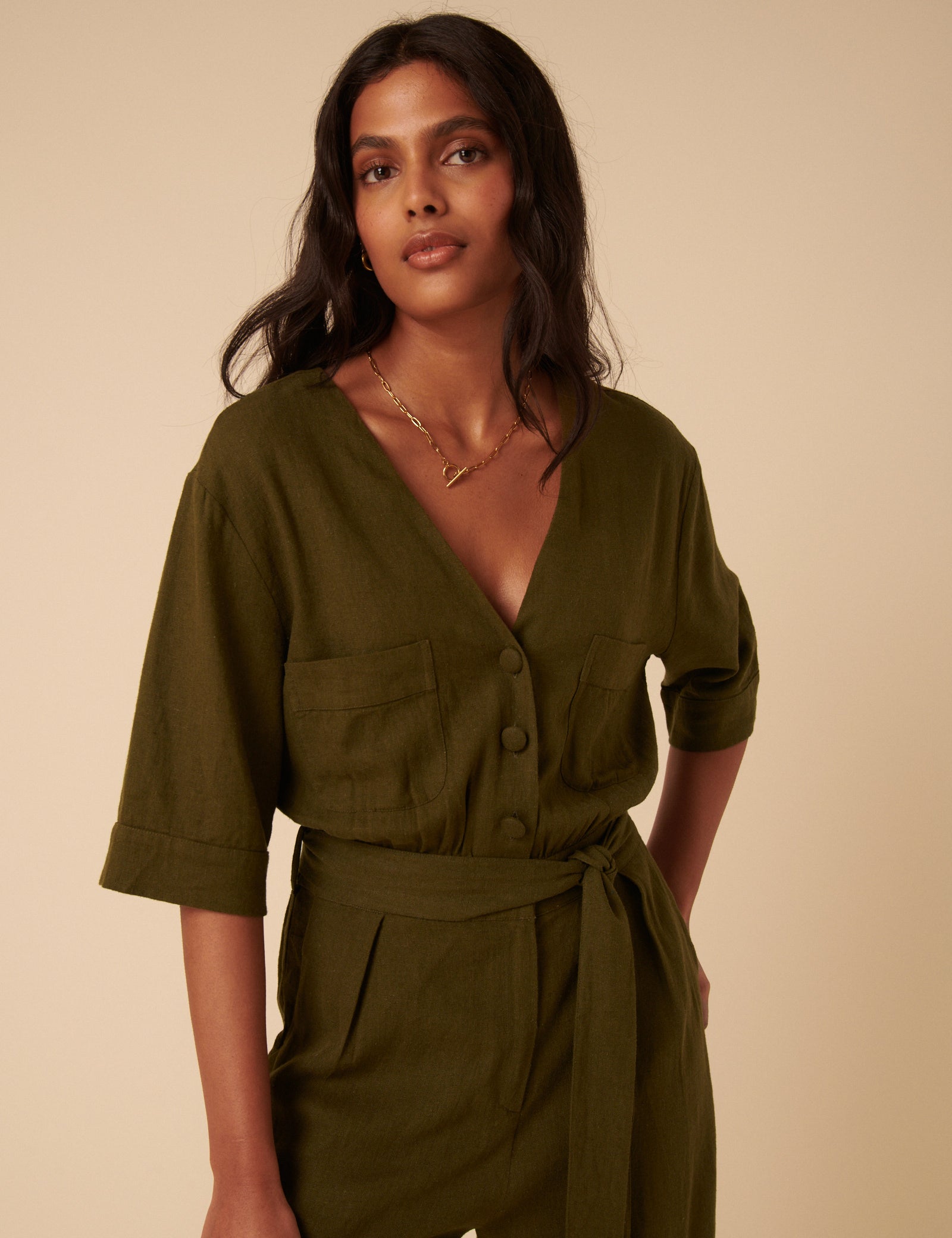 Khaki Green Linen-blend Tie Waist Jumpsuit