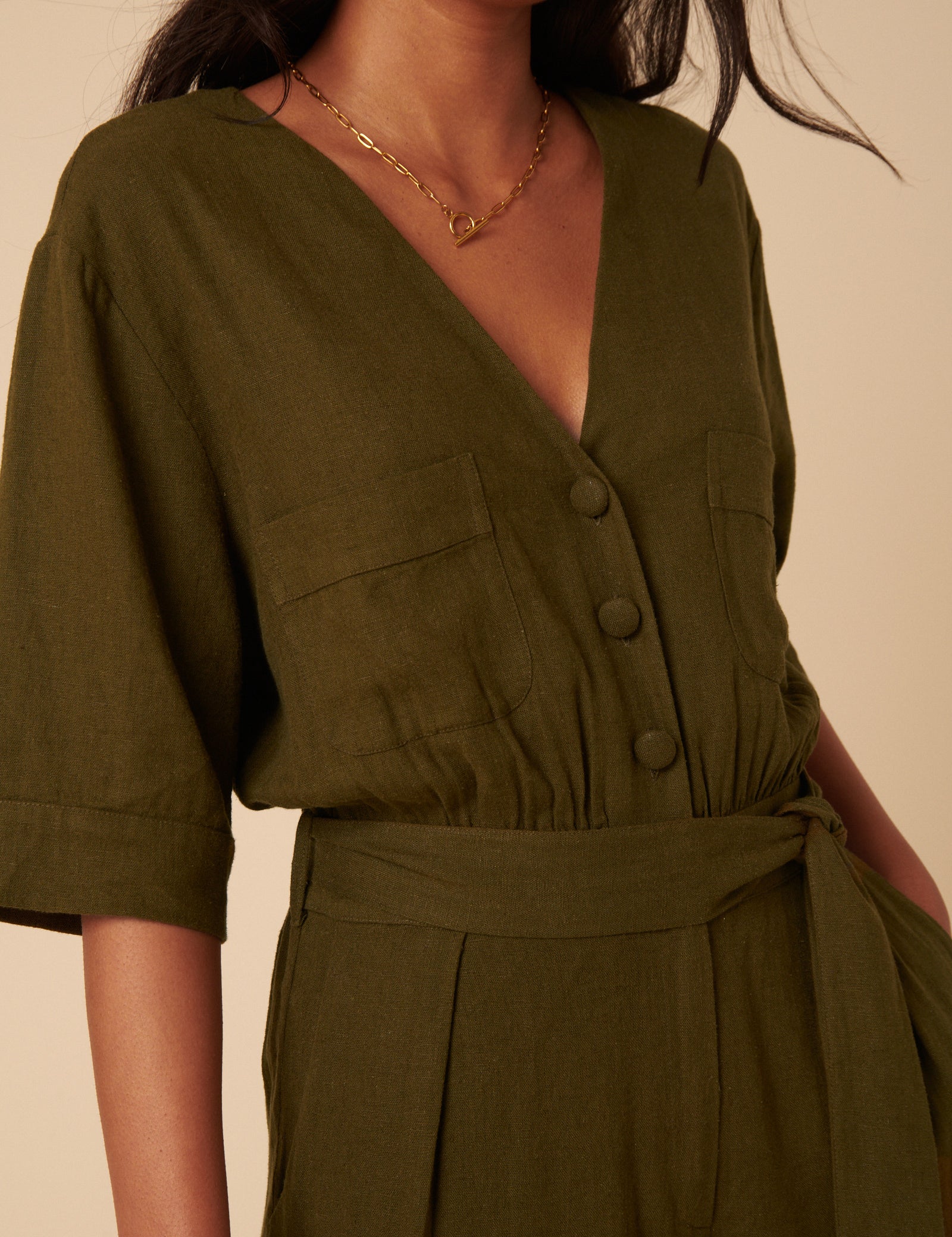 Khaki Green Linen-blend Tie Waist Jumpsuit