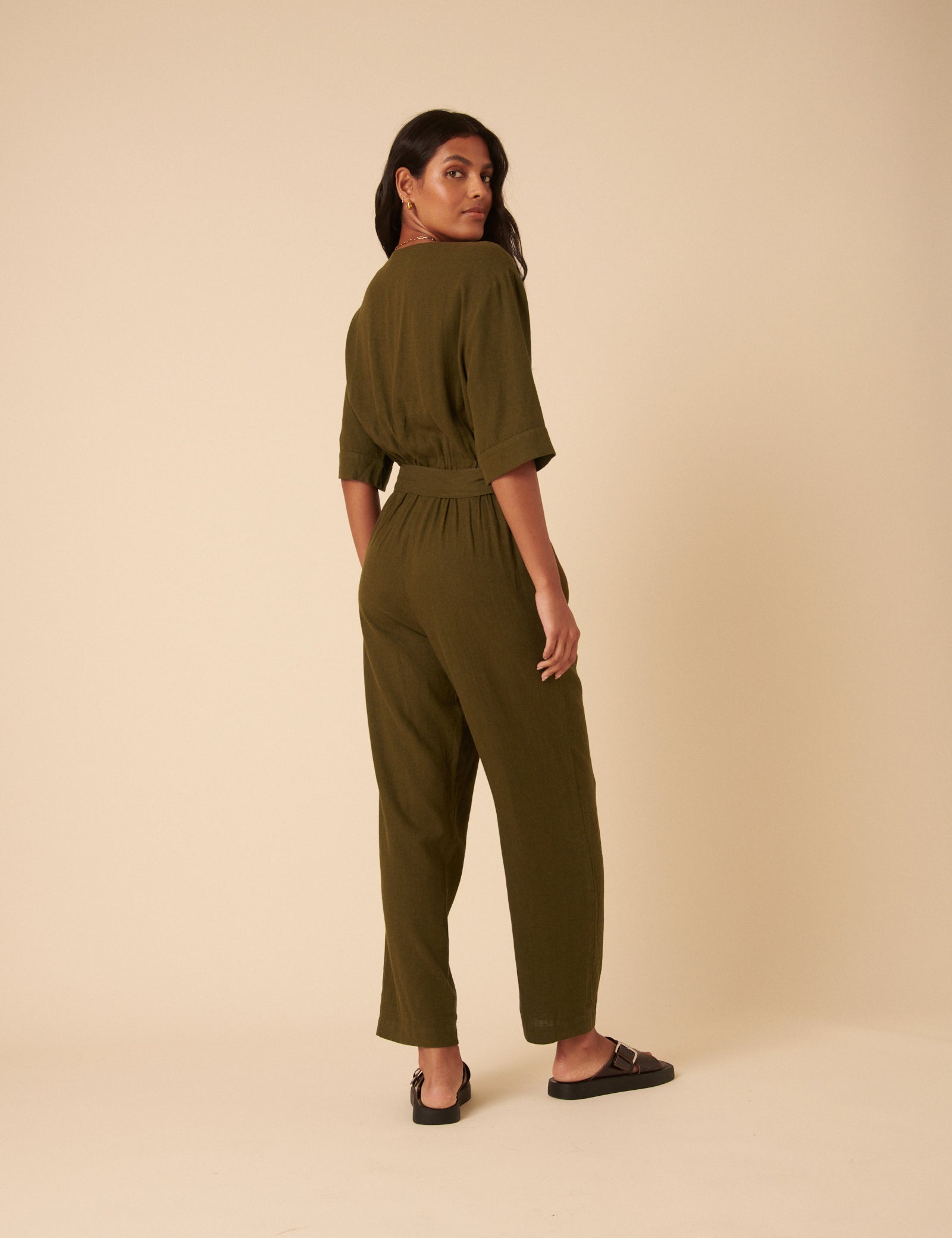 Khaki Green Linen-blend Tie Waist Jumpsuit