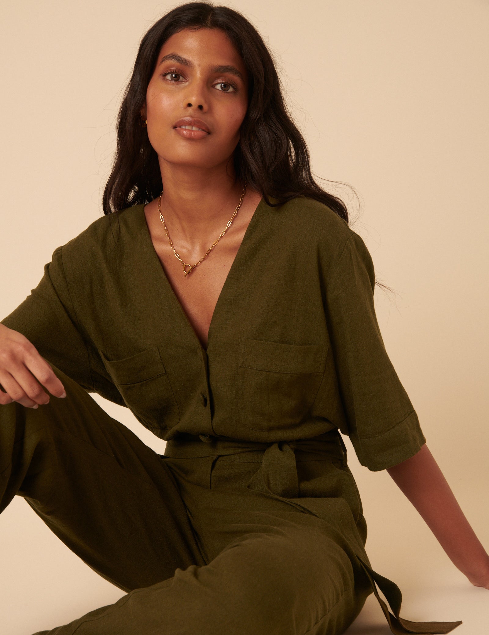 Khaki Green Linen-blend Tie Waist Jumpsuit