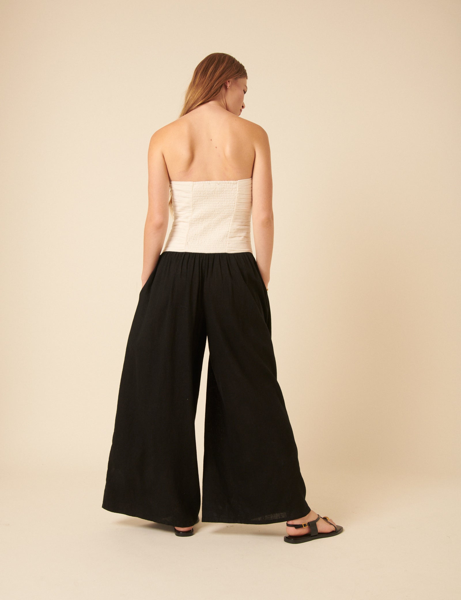 Black Linen-blend Contrast Pleated Bandeau Jumpsuit