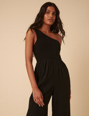 Black Linen-blend One Shoulder Ruched Jumpsuit